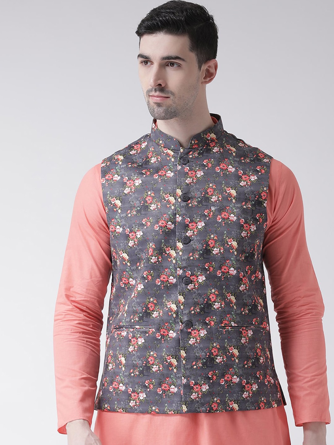 

Tabard Men Grey Floral Nehru Jacket