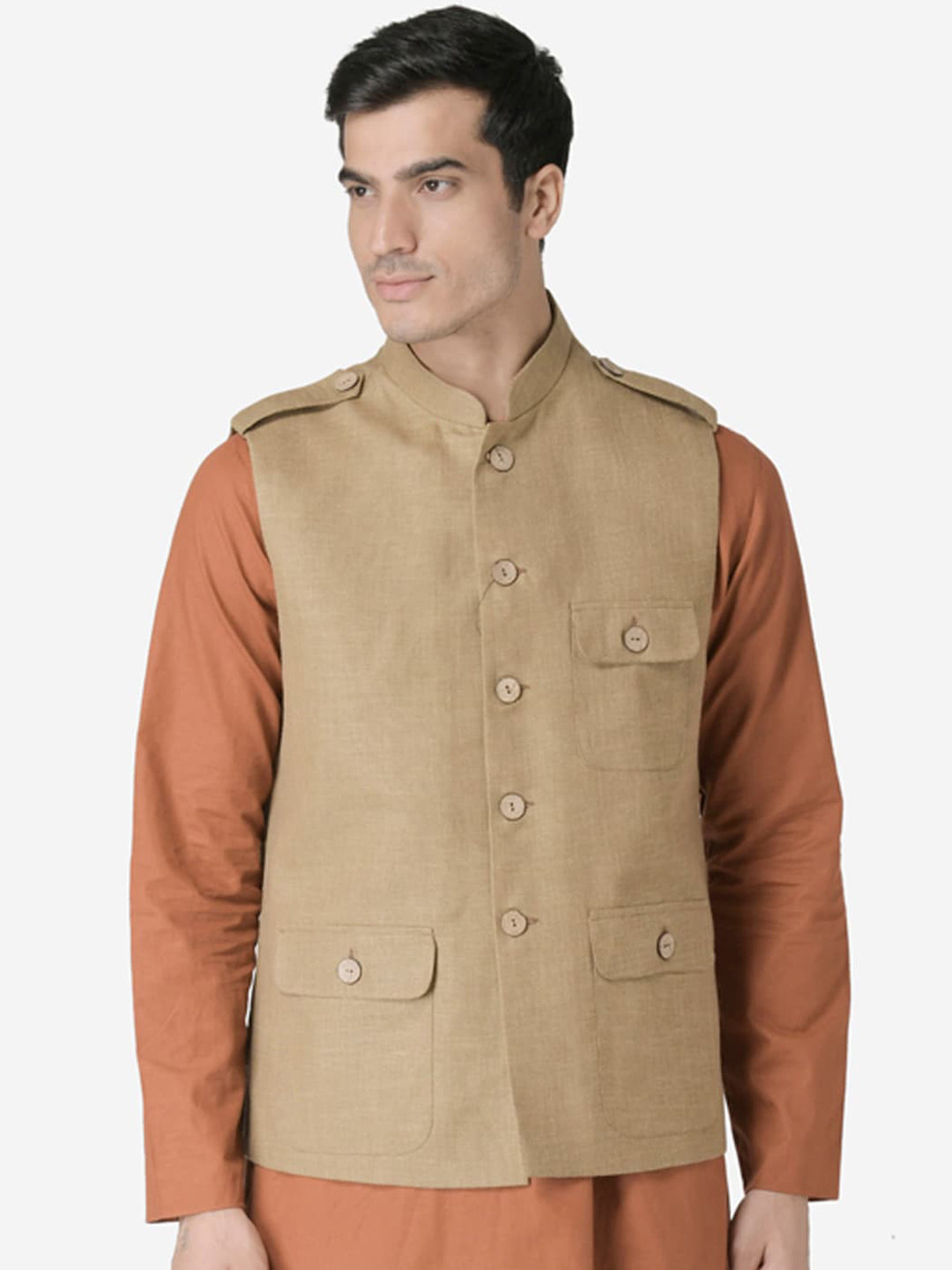 

TABARD Men Brown Solid Pure Cotton Nehru Jacket
