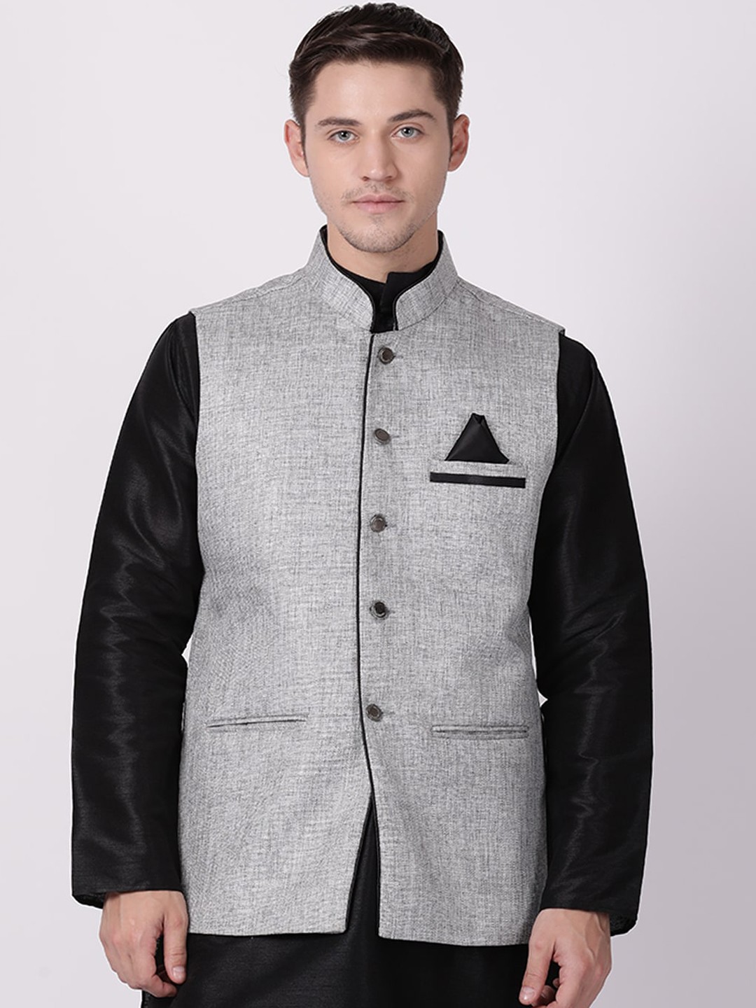 

TABARD Men Silver Solid Pure Cotton Nehru Jacket