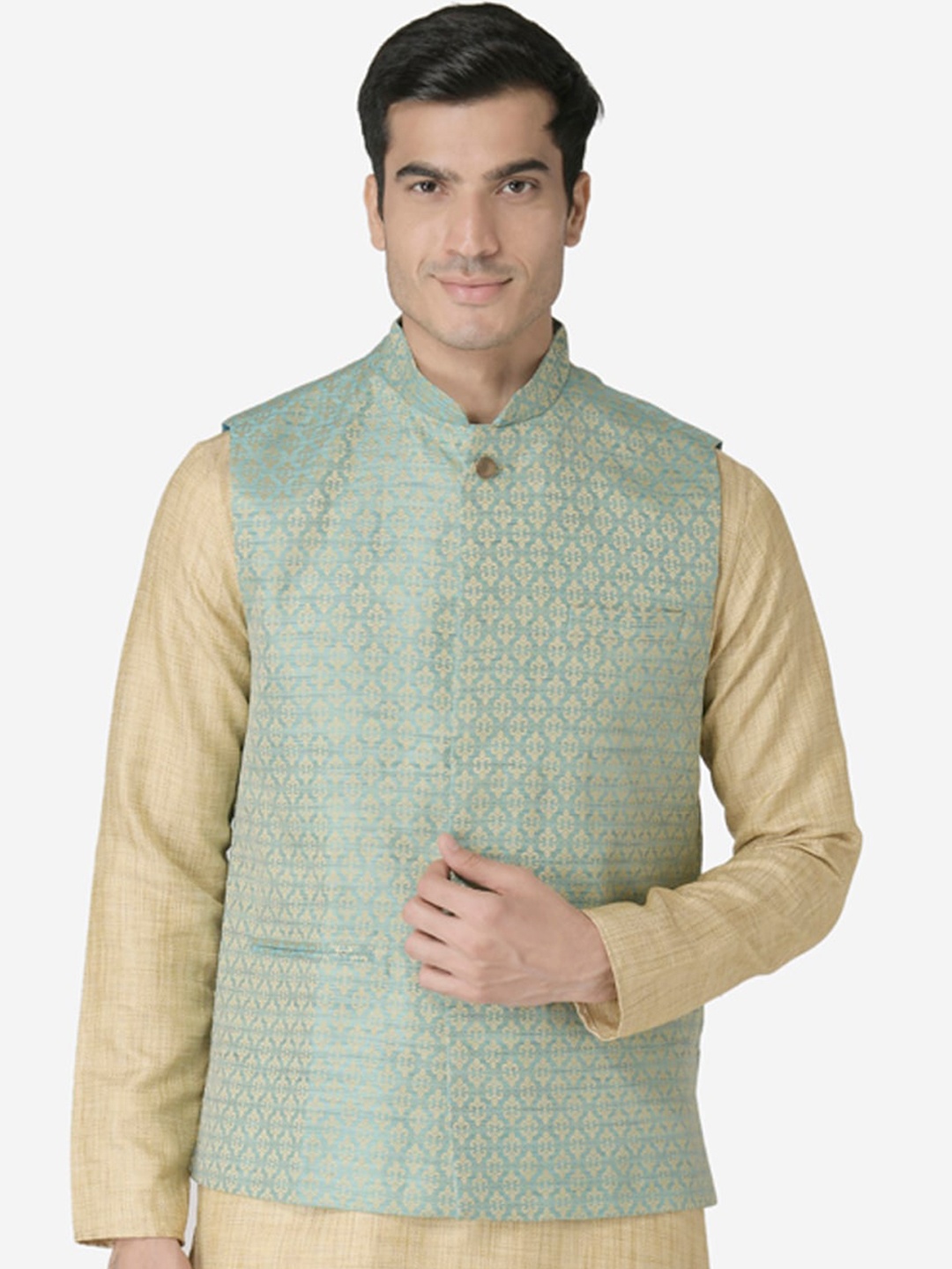 

TABARD Men Green & Gold Toned Printed Nehru Jacket