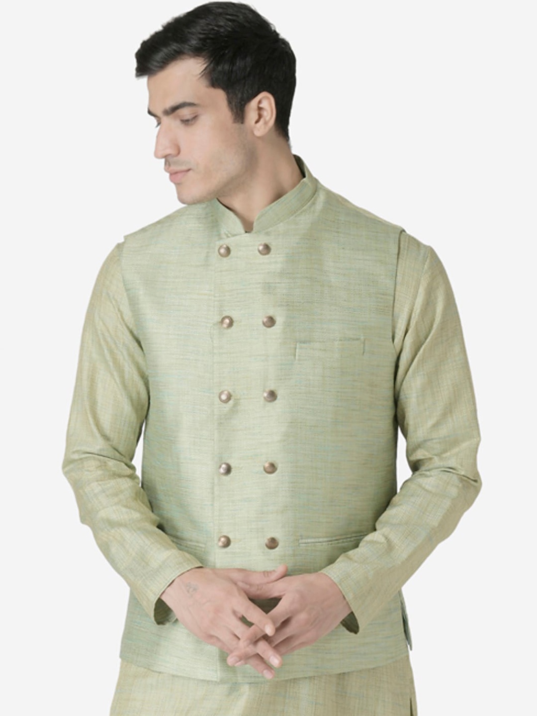 

Tabard Men Green Woven Design Nehru Jacket