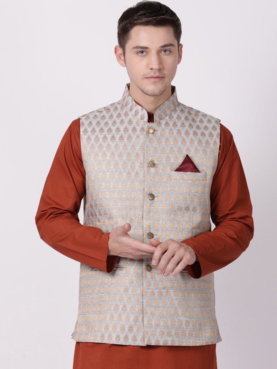 

TABARD Men Silver-Coloured Woven Design Nehru Jacket