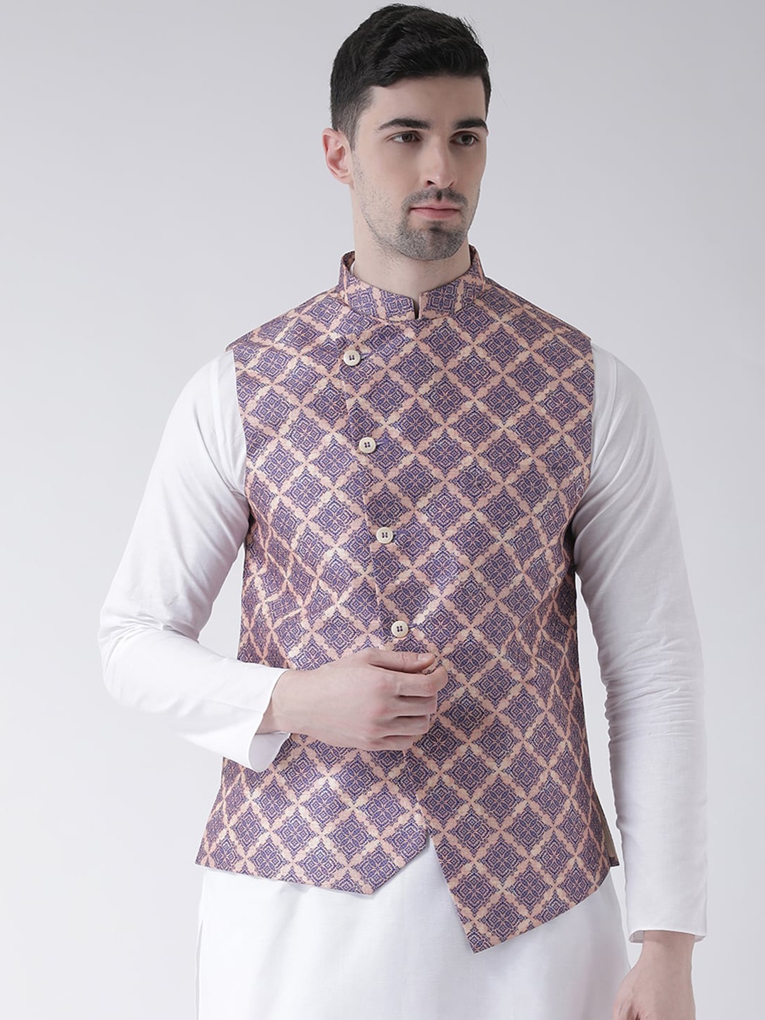 

TABARD Men Blue & Peach-Coloured Printed Pure Cotton Woven Nehru Jacket