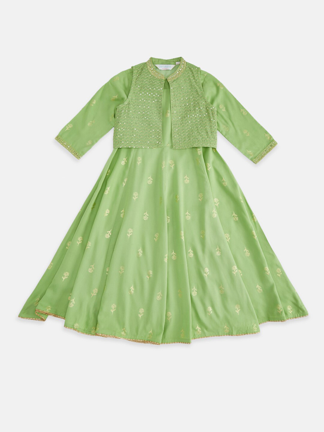 

AKKRITI BY PANTALOONS Girls Green & Gold-Toned Ethnic Motifs Ethnic Maxi Dress with Jacket