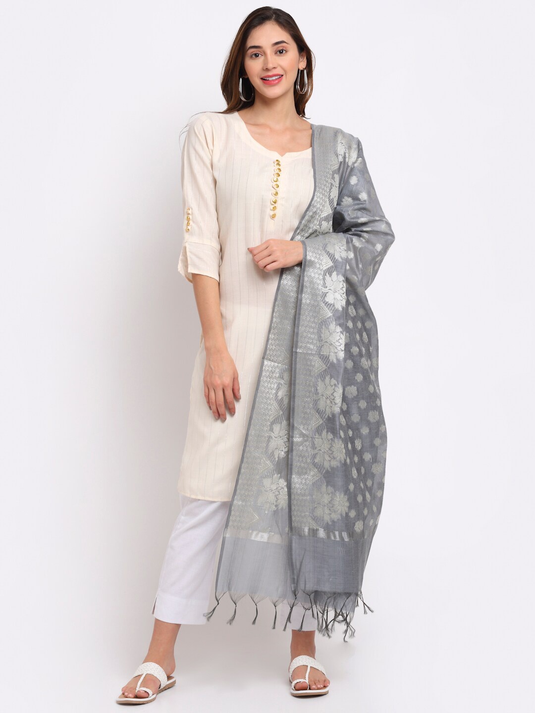 

LOOM LEGACY Grey & Silver-Toned Ethnic Motifs Woven Design Dupatta with Zari