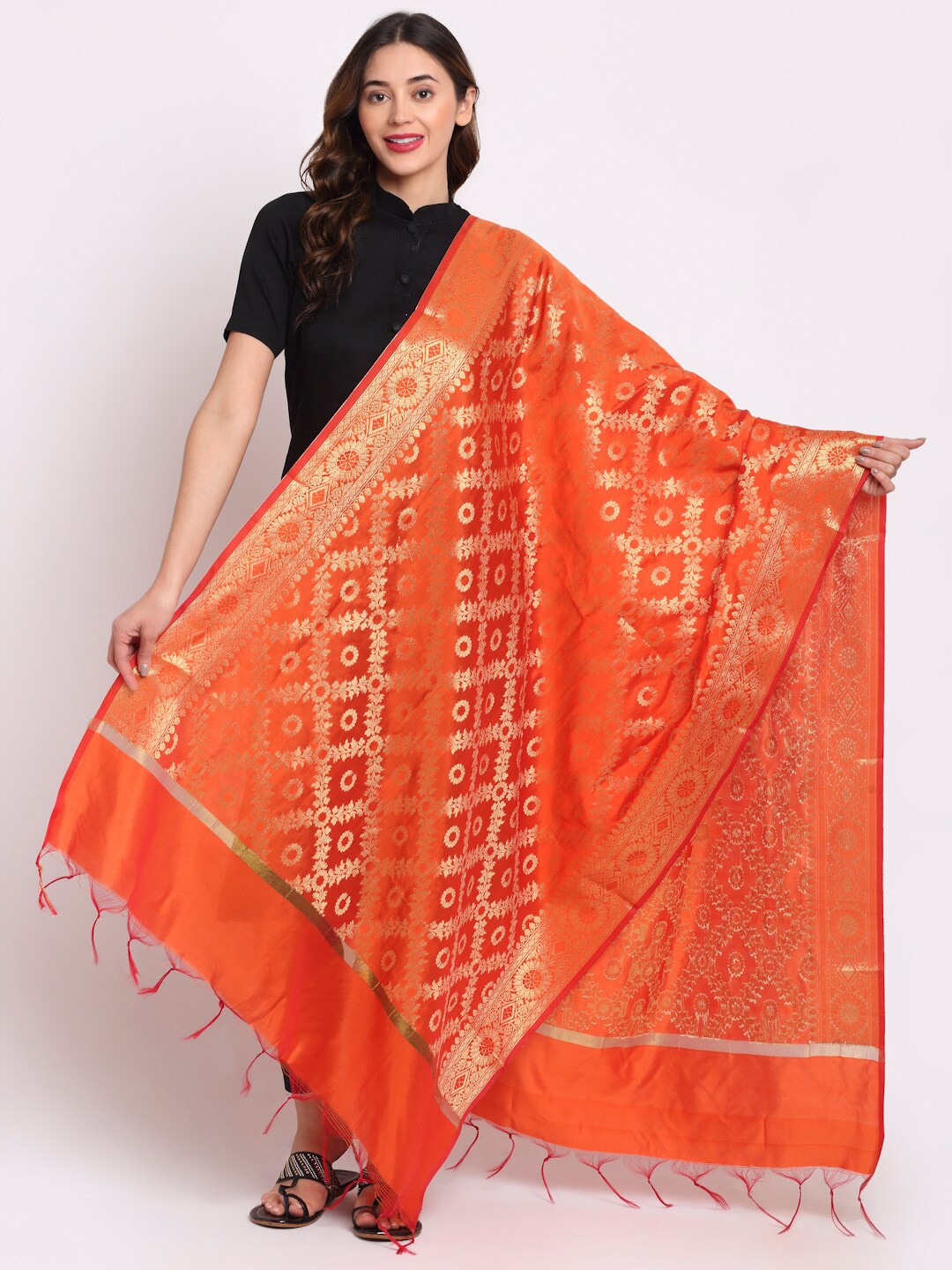 

LOOM LEGACY Orange & Gold-Toned Ethnic Motifs Woven Design Dupatta with Zari