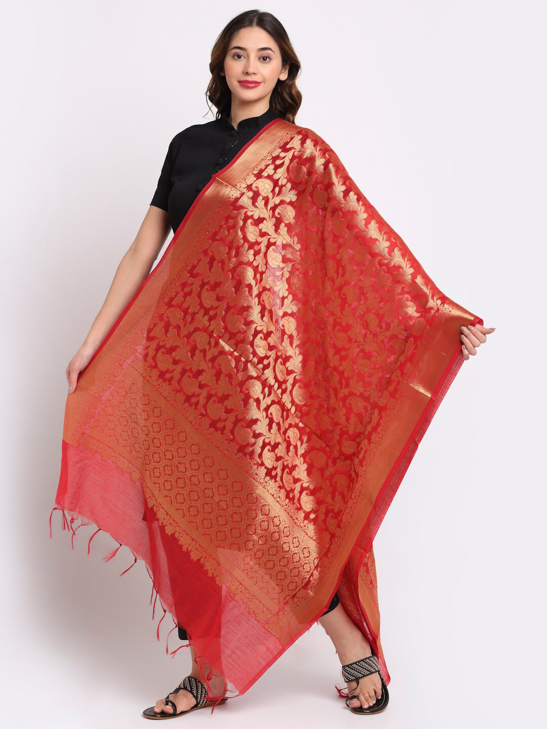 

LOOM LEGACY Red & Gold-Toned Woven Design Dupatta with Zari