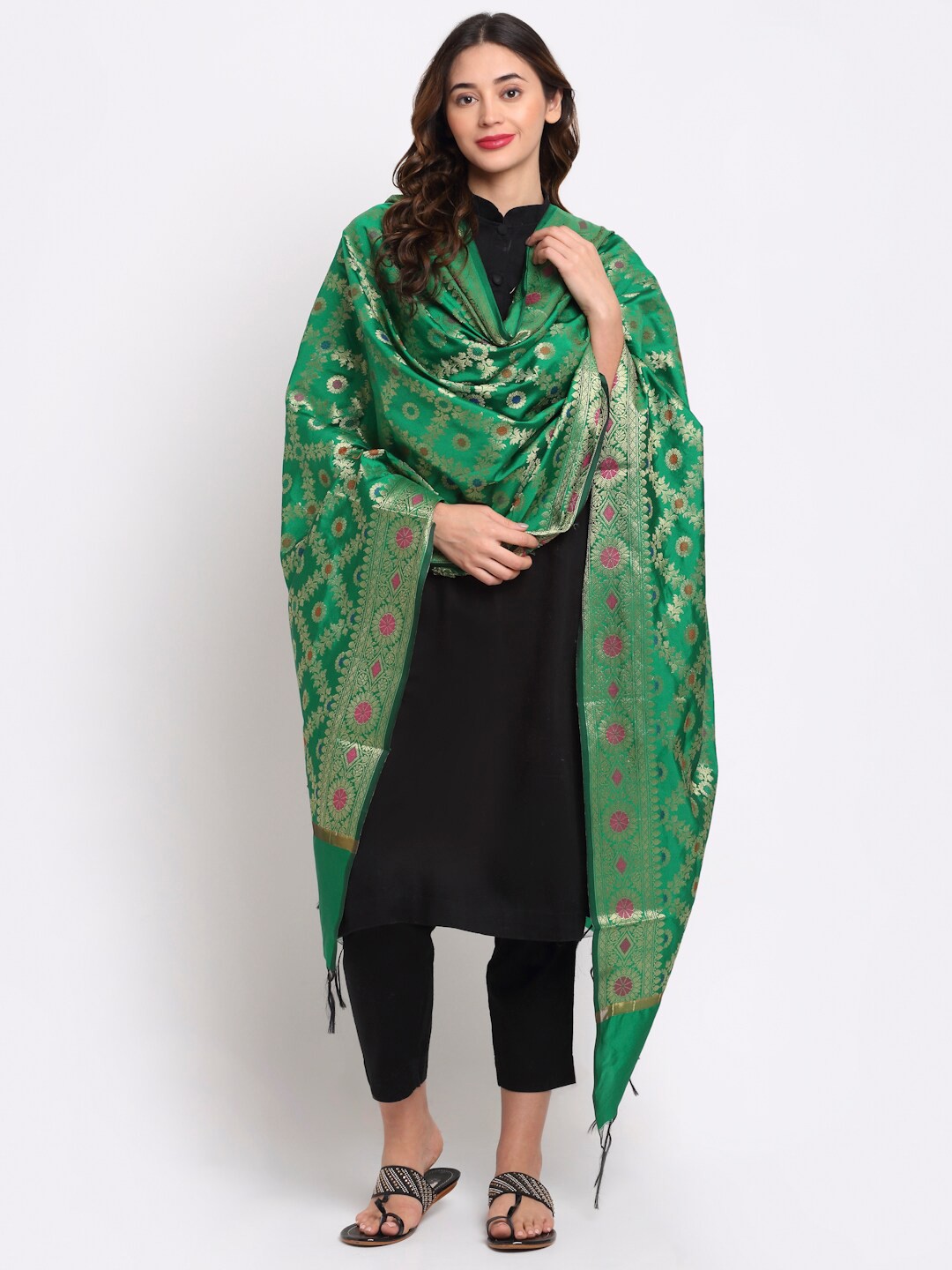 

LOOM LEGACY Green & Red Ethnic Motifs Banarsi Silk Jacquard Dupatta with Zari