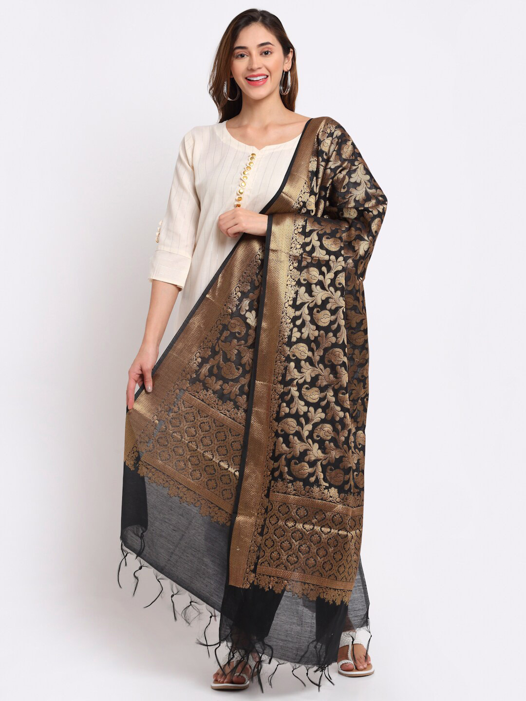 

LOOM LEGACY Black & Gold-Toned Woven Design Dupatta with Zari