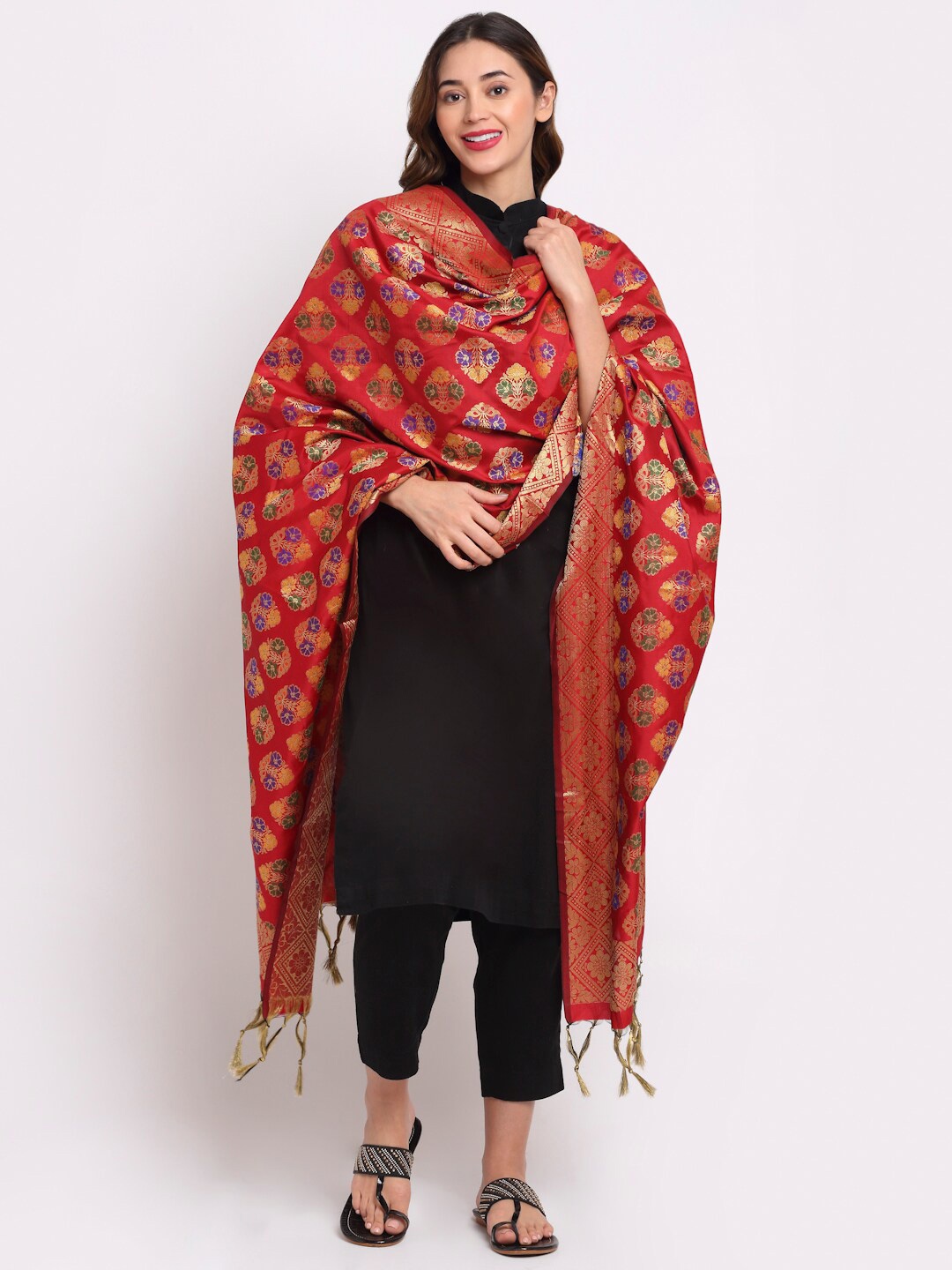 

LOOM LEGACY Red & Gold-Toned Ethnic Motifs Woven Design Dupatta with Zari