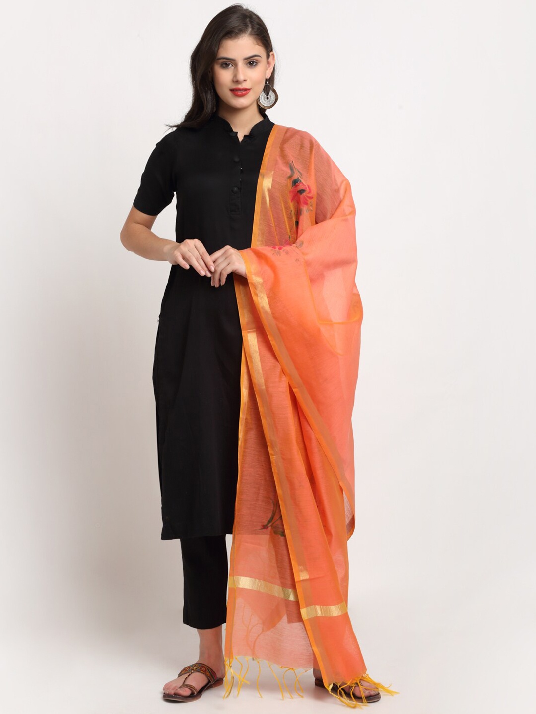 

LOOM LEGACY Orange Printed Cotton Silk Dupatta with Zari