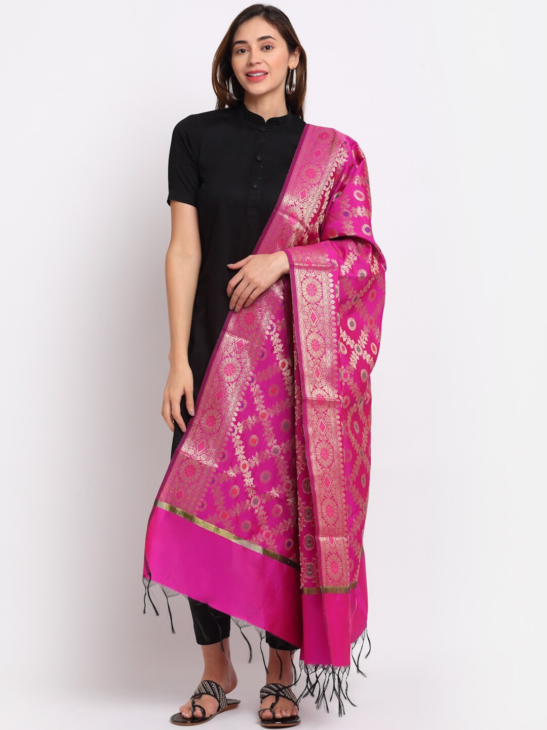 

LOOM LEGACY Magenta & Red Ethnic Motifs Woven Design Dupatta with Zari