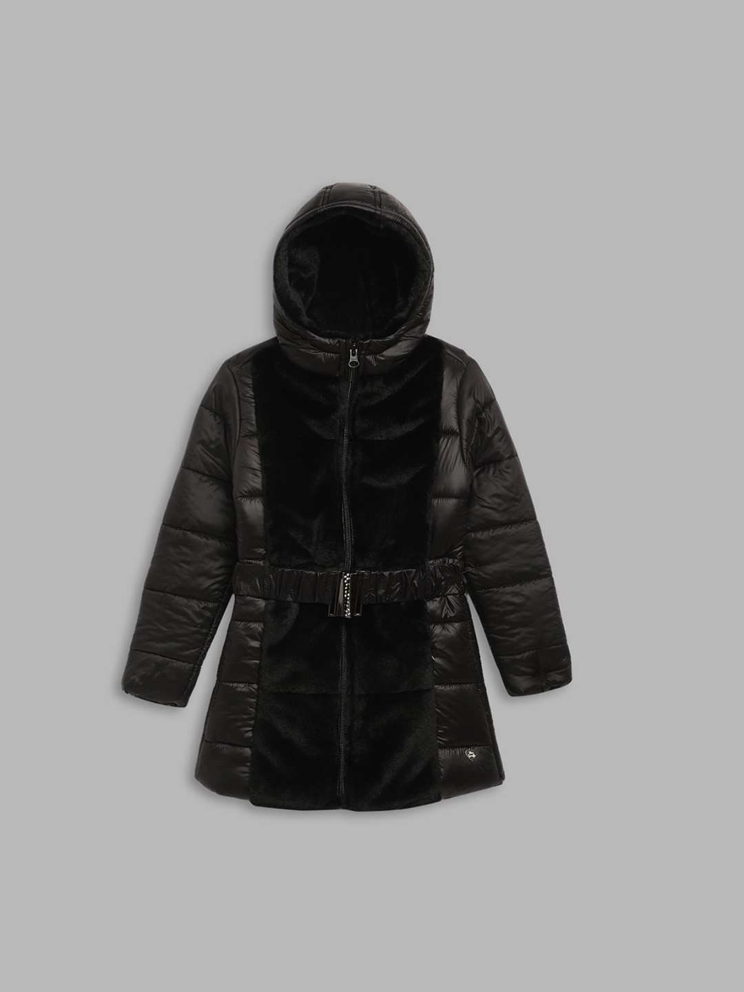 

Blue Giraffe Girls Black Striped Longline Padded Jacket with Embroidered