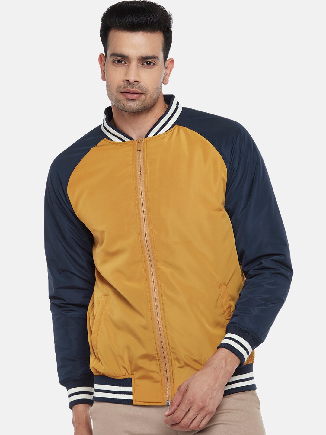 

BYFORD by Pantaloons Men Mustard Yellow & Navy Blue Colourblocked Bomber Jacket