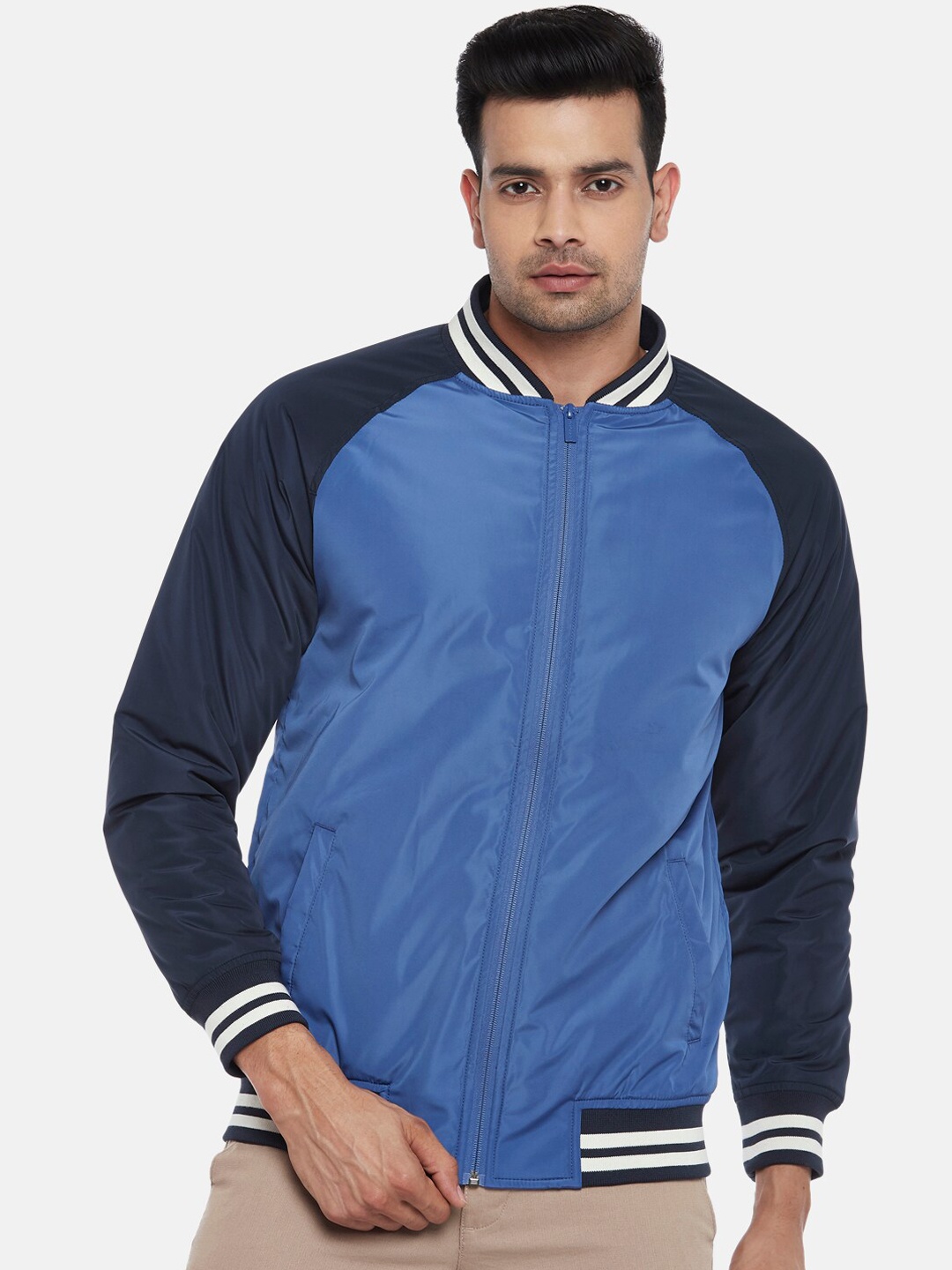 

BYFORD by Pantaloons Men Blue Colourblocked Bomber Jacket