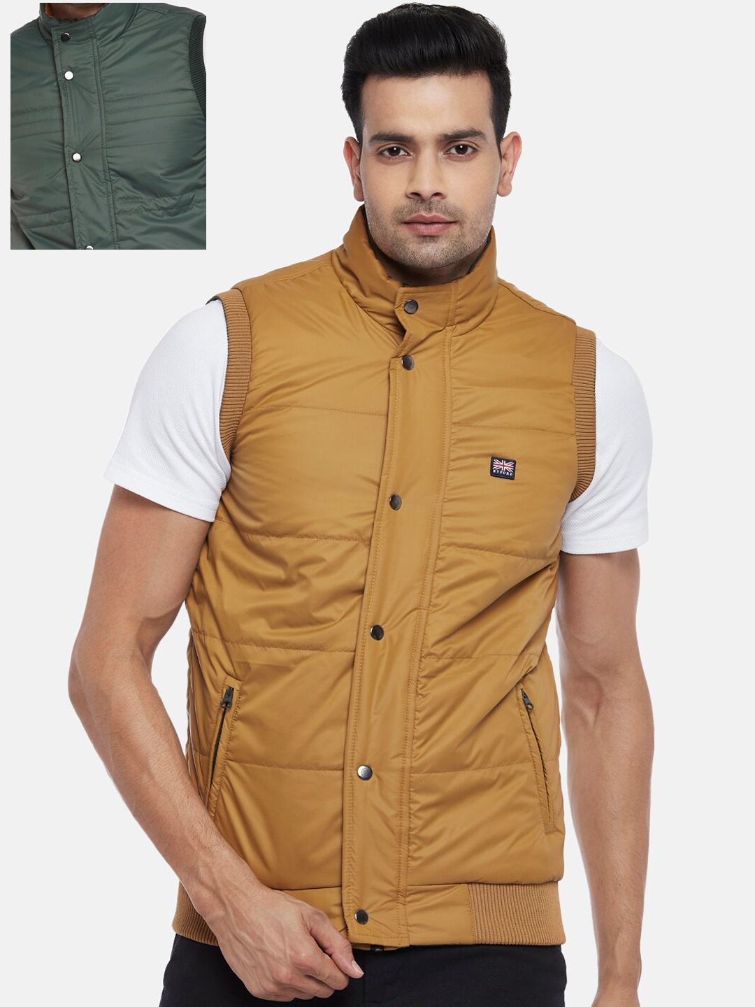 

BYFORD by Pantaloons Men Mustard Yellow & Green Reversible Bomber Jacket