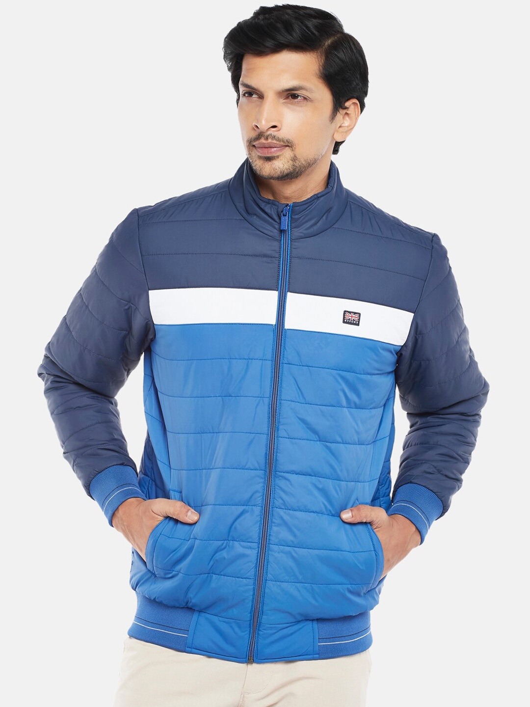 

BYFORD by Pantaloons Men Navy Blue Colourblocked Bomber Jacket