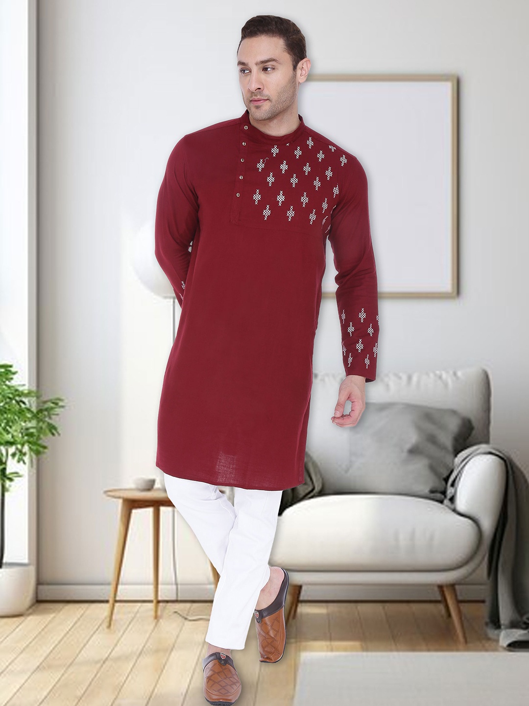 

Kuons Avenue Men Maroon Geometric Kurta