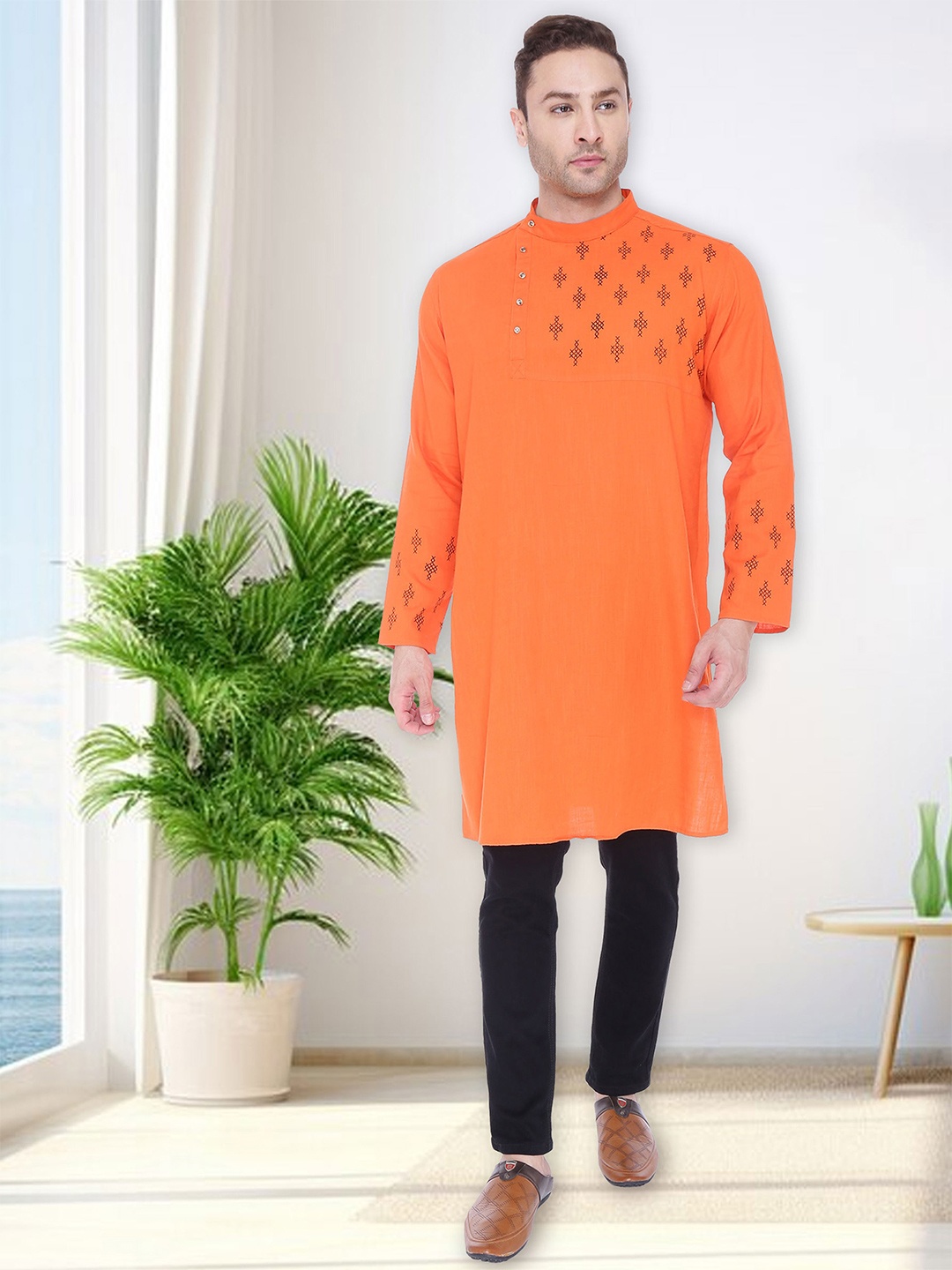 

Kuons Avenue Men Orange Geometric Printed Pure Cotton Angrakha Kurta