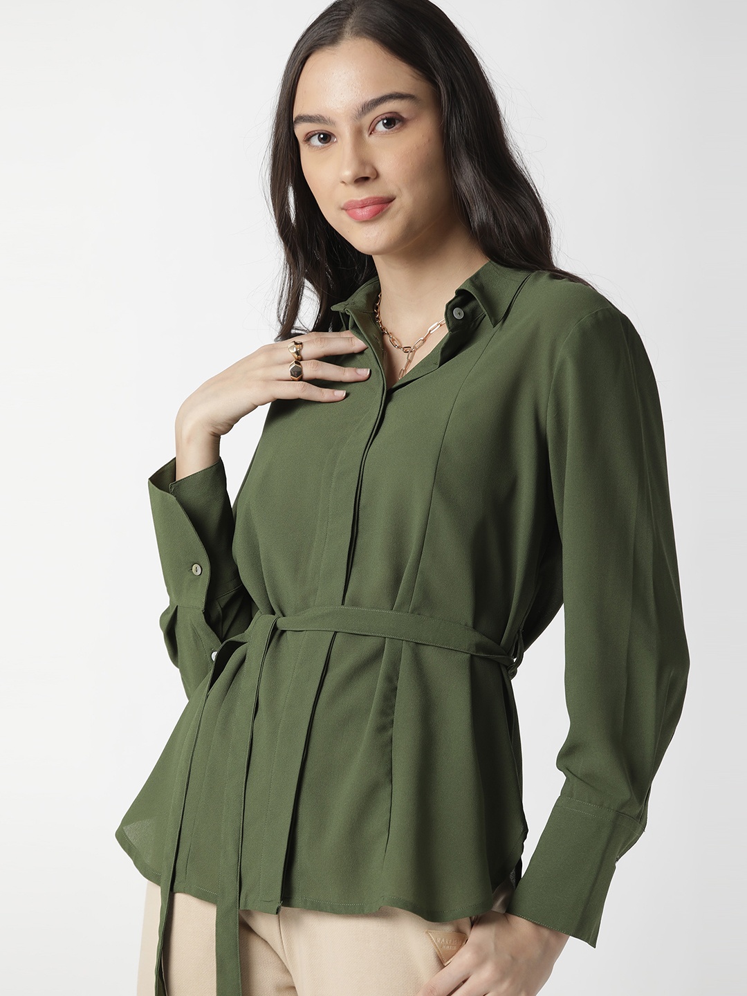 

RAREISM Women Green Solid Shirt Style Top