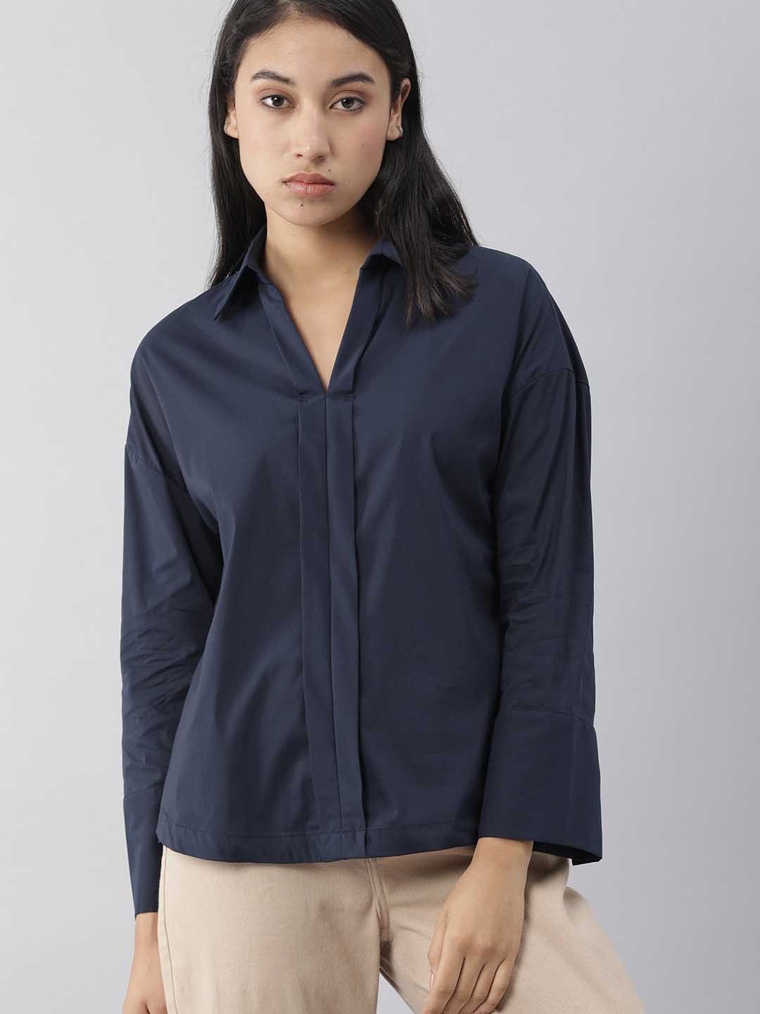 

RAREISM Navy Blue Shirt Style Cotton Blend Top