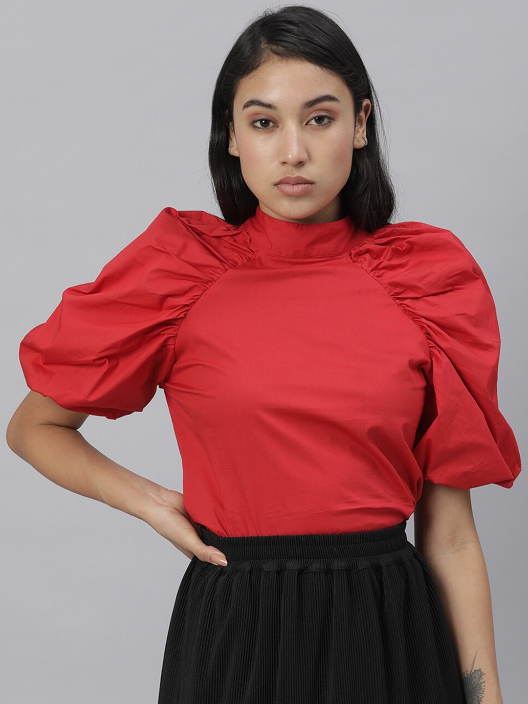 

RAREISM Red High Neck Puff Sleeved Top