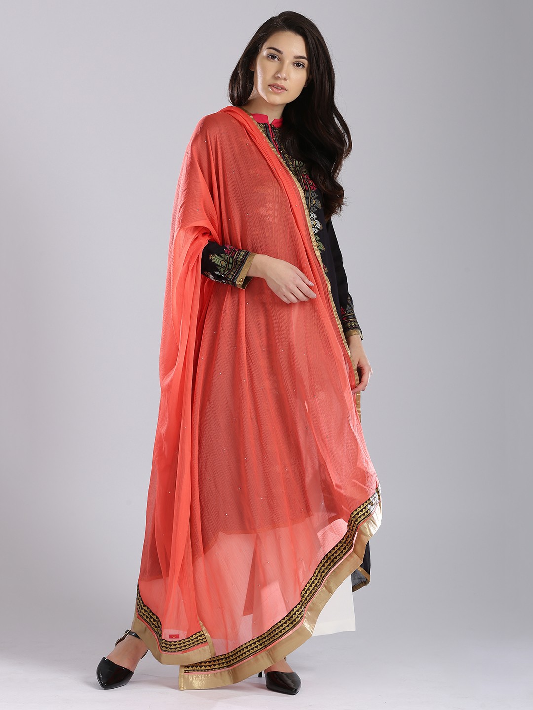 

W Coral Orange Mukaish-Work Dupatta