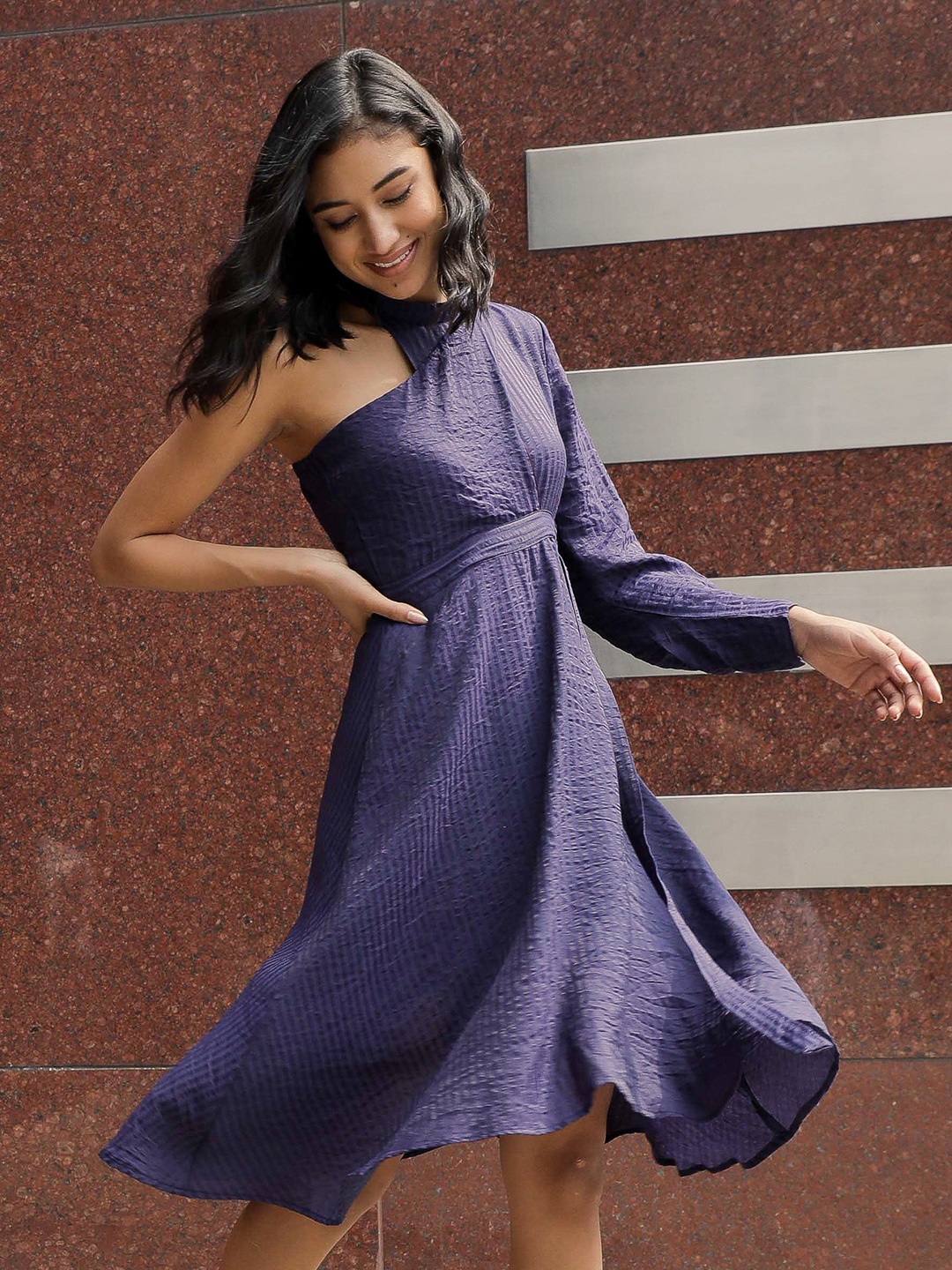 

RAREISM Woman Navy Blue One Shoulder Midi Dress