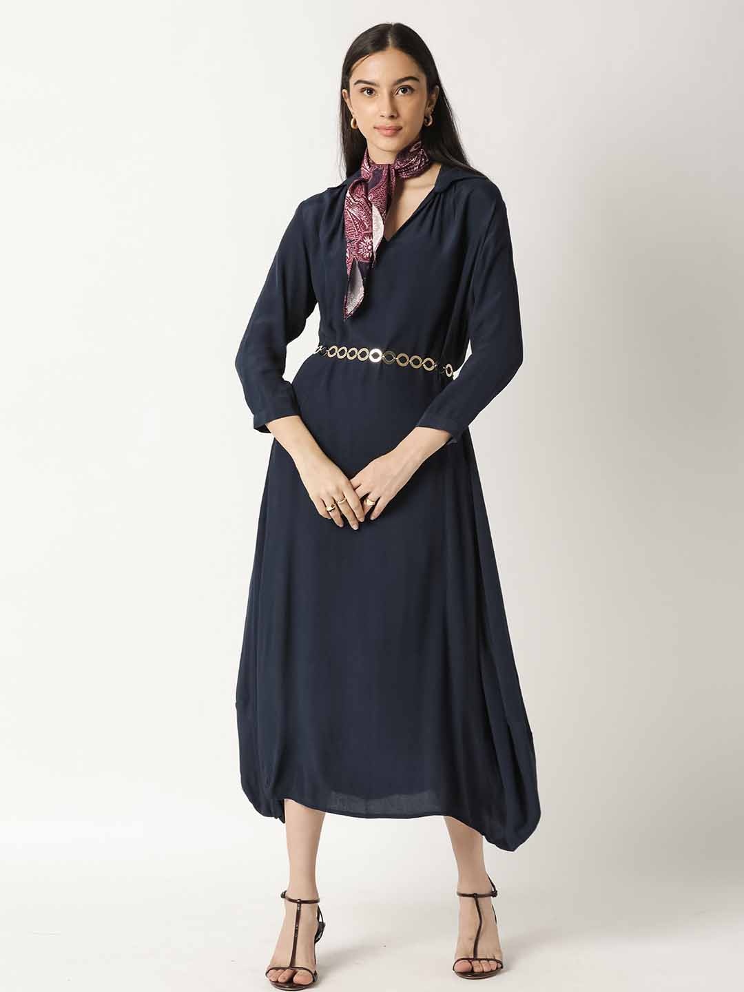 

RAREISM Navy Blue Solid Shirt Collar A-Line Midi Dress