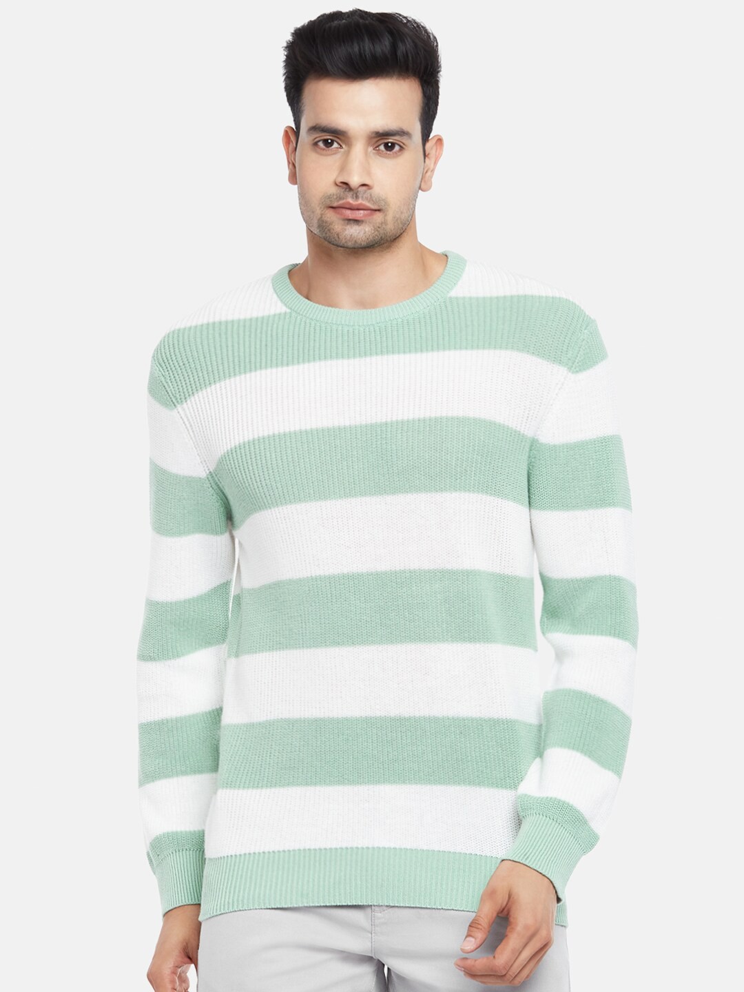 

BYFORD by Pantaloons Men Green & White Striped Pure Cotton Pullover