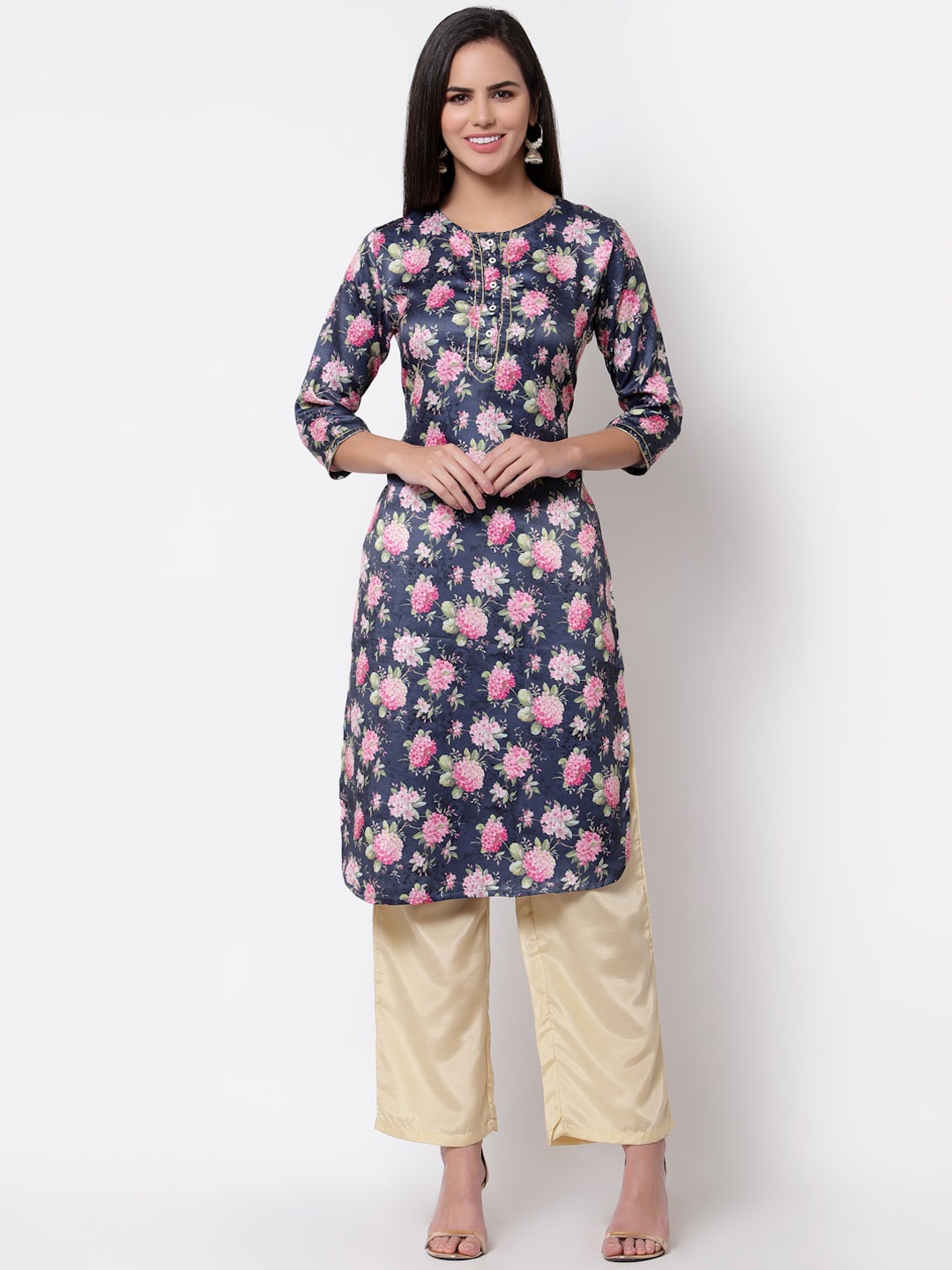 

Myshka Women Blue Floral Printed Keyhole Neck Kurta