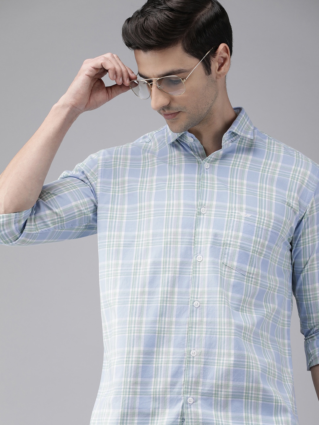 

Park Avenue Men Blue & Green Slim Fit Checked Casual Shirt