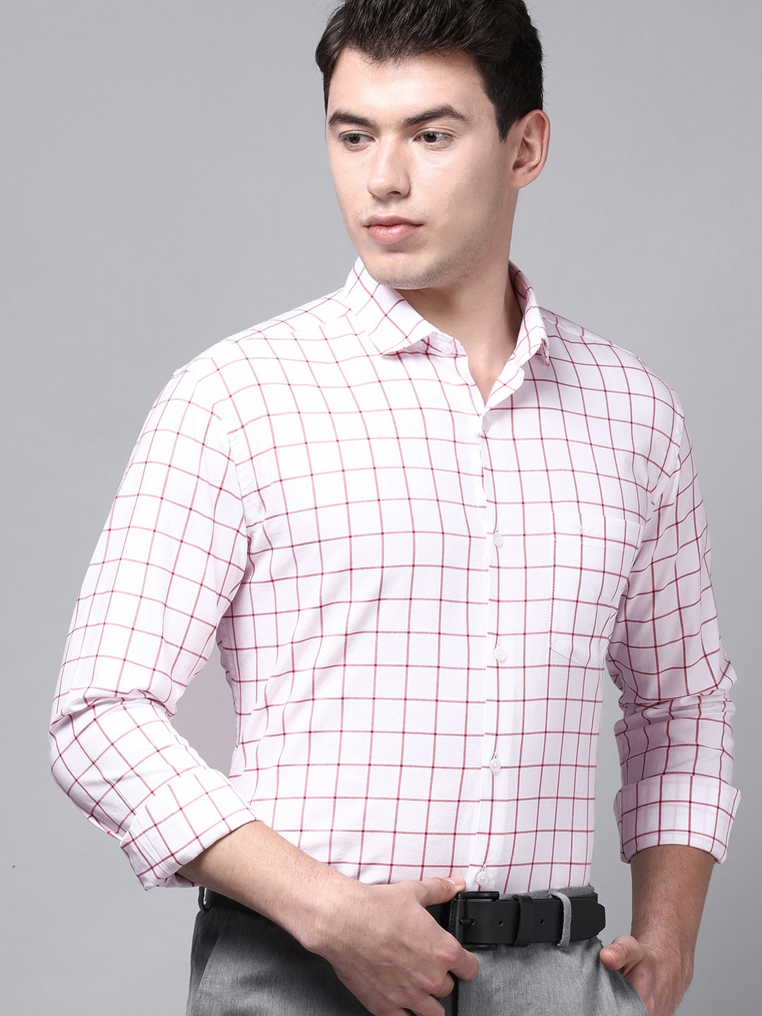 

Park Avenue Men White Slim Fit Windowpane Checked Pure Cotton Formal Shirt