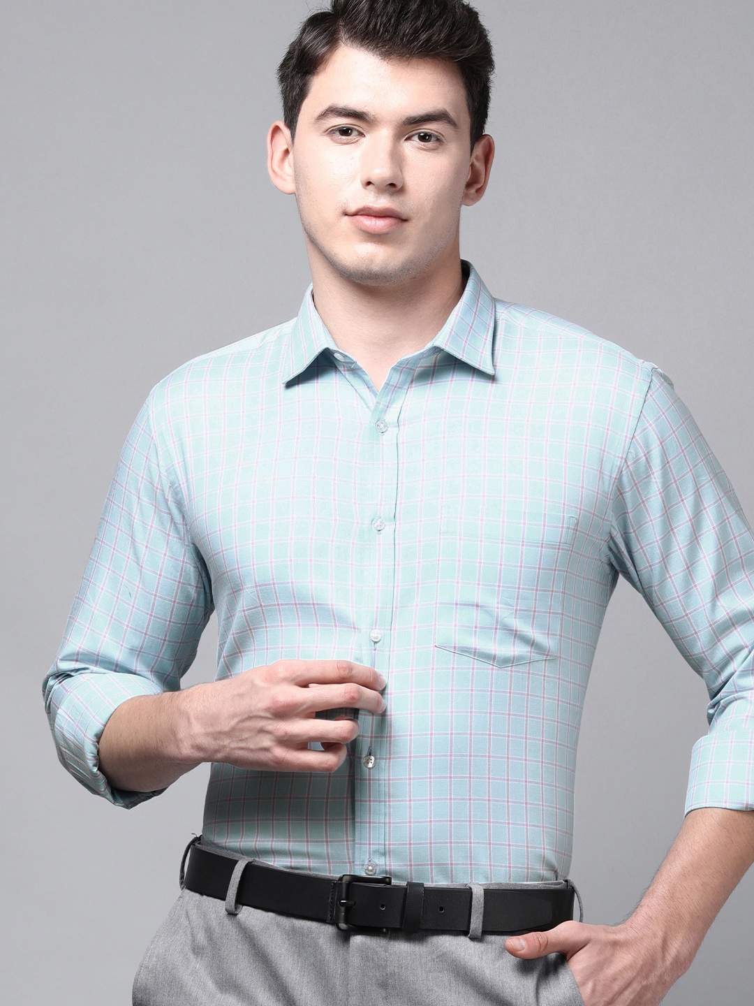 

Park Avenue Men Blue Slim Fit Grid Tattersall Checked Pure Cotton Formal Shirt