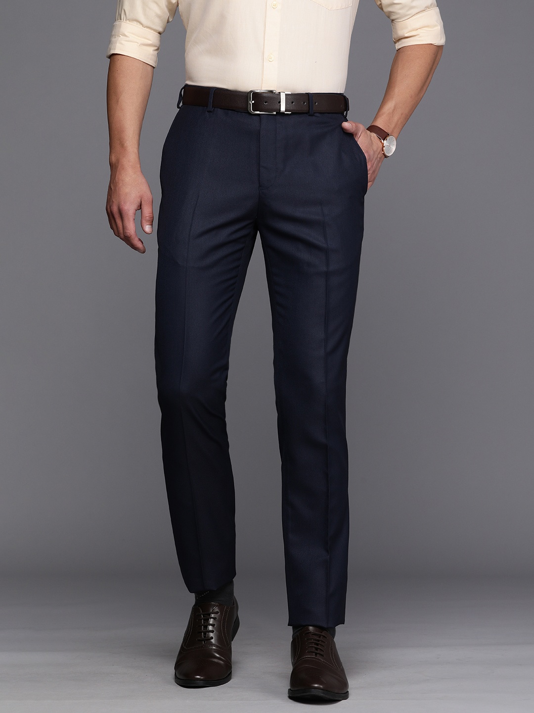 

Raymond Men Dark Blue Solid Slim Fit Formal Trousers