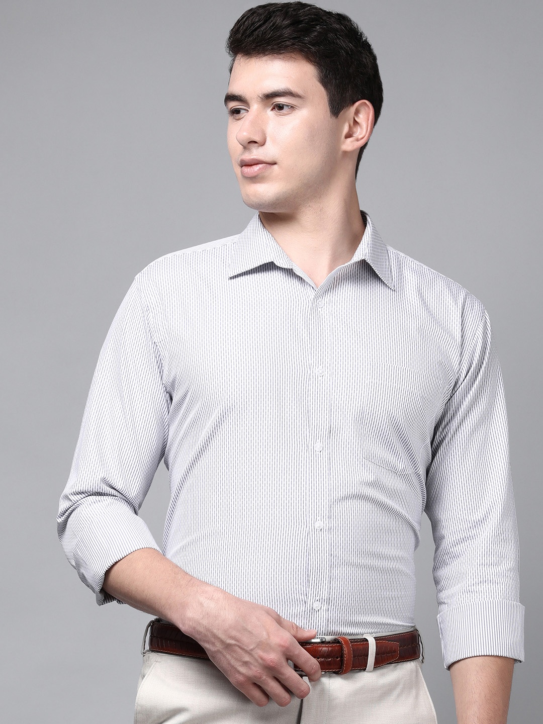 

Park Avenue Men White Slim Fit Striped Formal Shirt