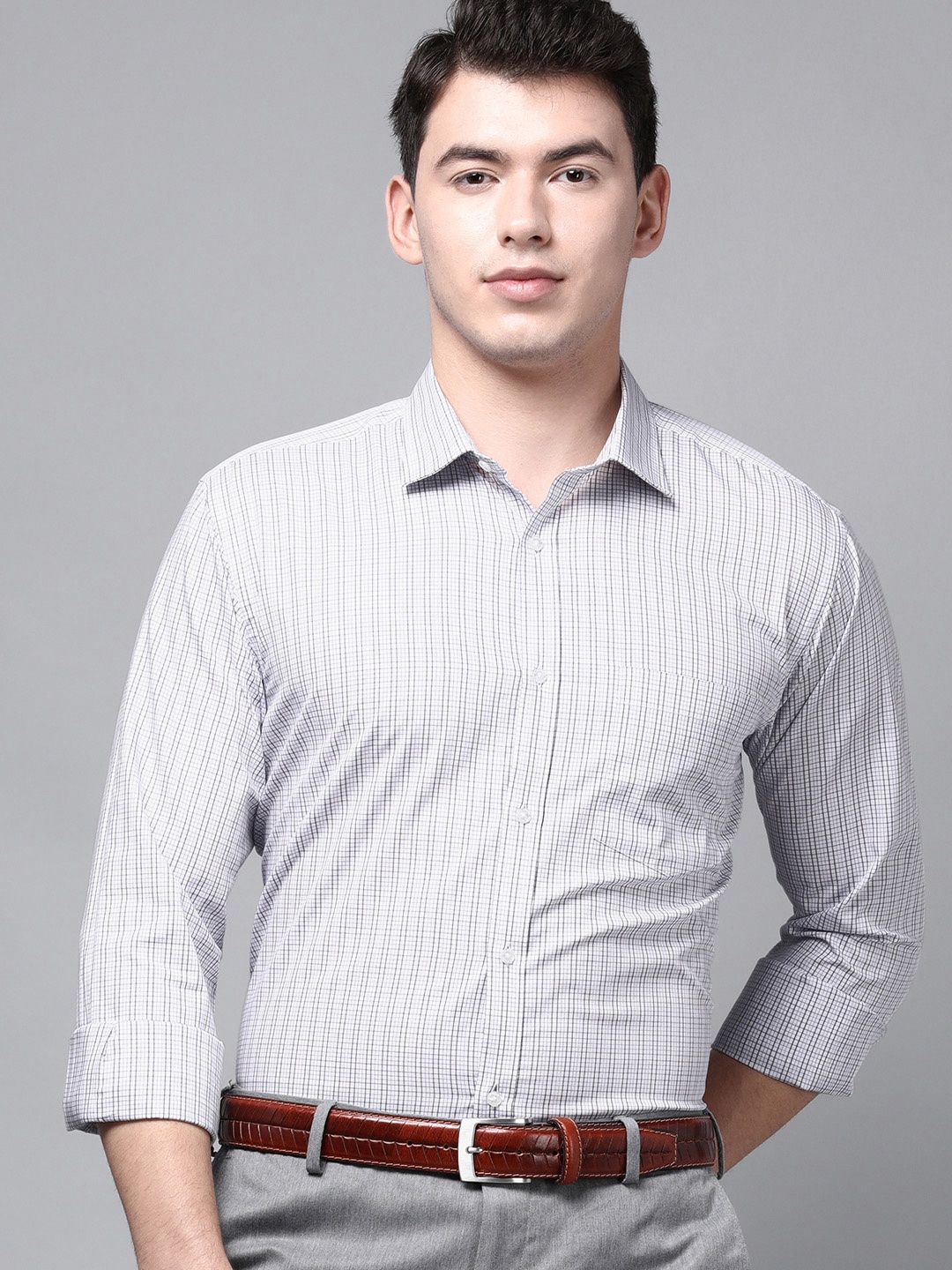

Park Avenue Men White & Grey Slim Fit Micro Checked Pure Cotton Formal Shirt