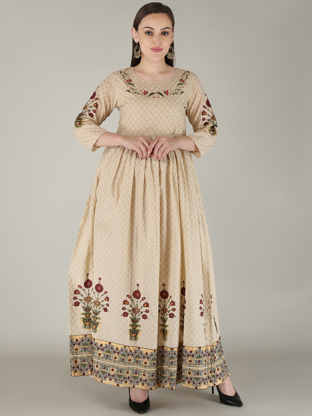 

KALINI Women Beige Ethnic Motifs Printed Floral Anarkali Kurta