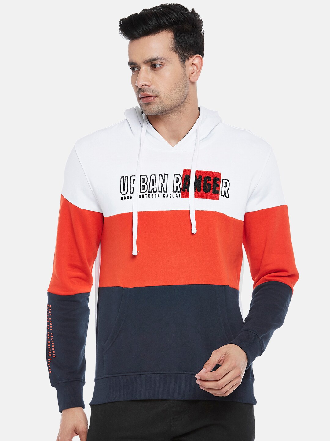 

Urban Ranger by pantaloons Men Coral & White Colourblocked Hooded Sweatshirt