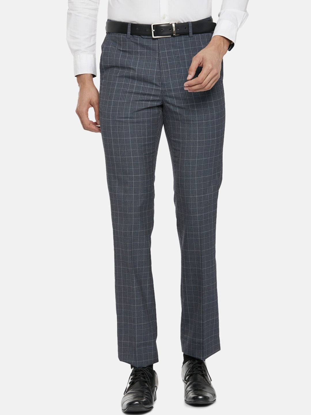 

BYFORD by Pantaloons Men Navy Blue Checked Slim Fit Low-Rise Trousers