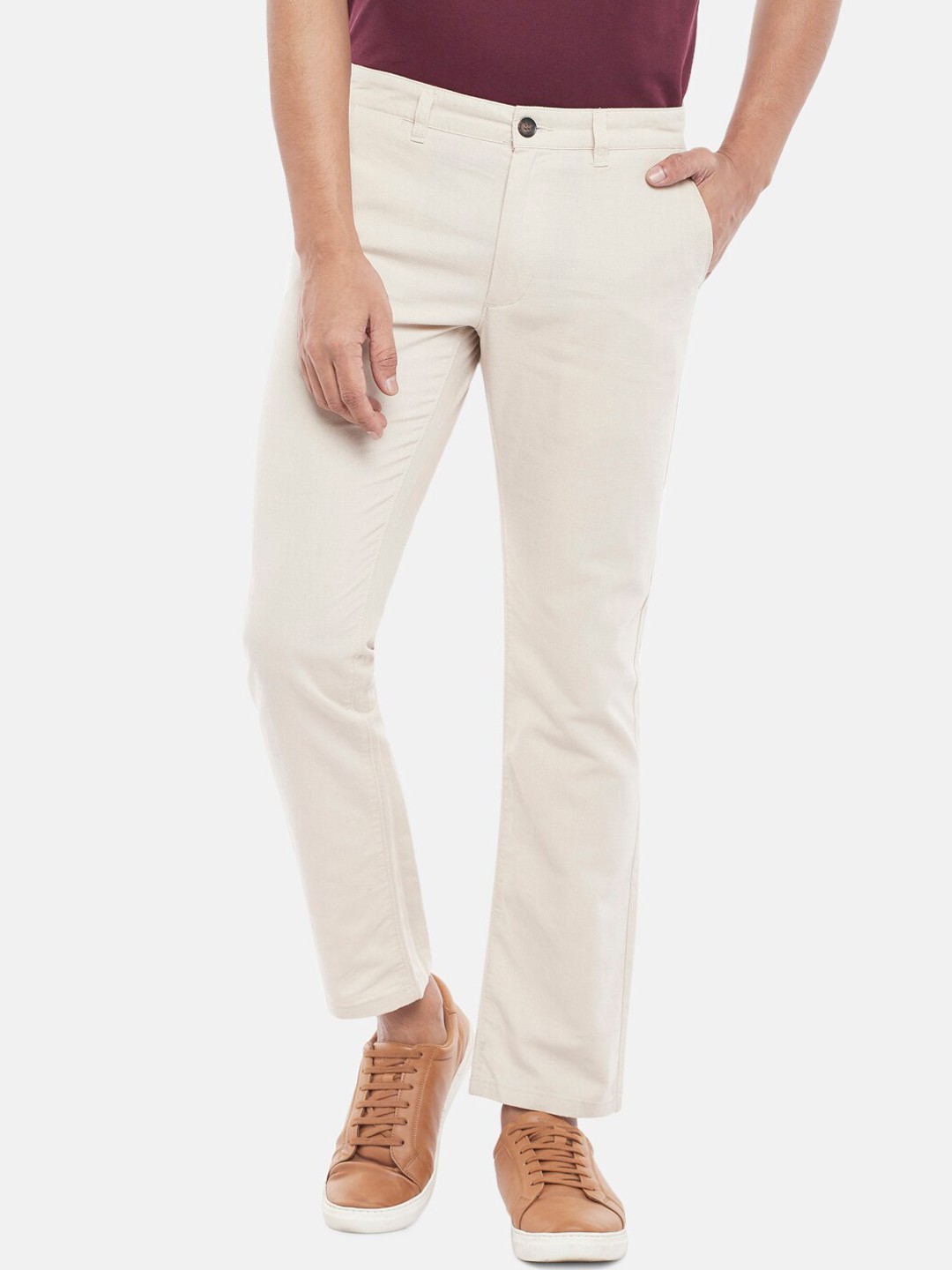 

BYFORD by Pantaloons Men Beige Slim Fit Low-Rise Pure Cotton Trousers