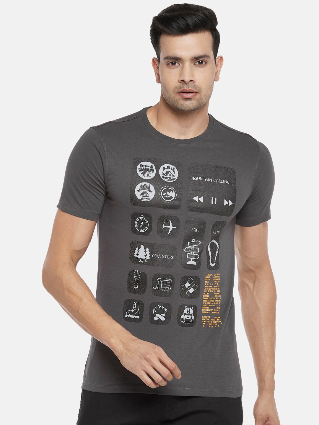 

Urban Ranger by pantaloons Men Grey & White Typography Printed Slim Fit T-shirt