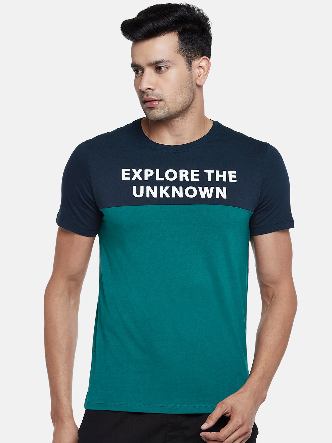 

Urban Ranger by pantaloons Men Teal & Navy Blue Typography Colourblocked Slim Fit T-shirt
