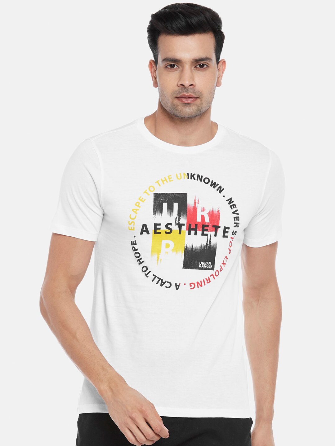 

Urban Ranger by pantaloons Men White Typography Printed Slim Fit Pure Cotton T-shirt