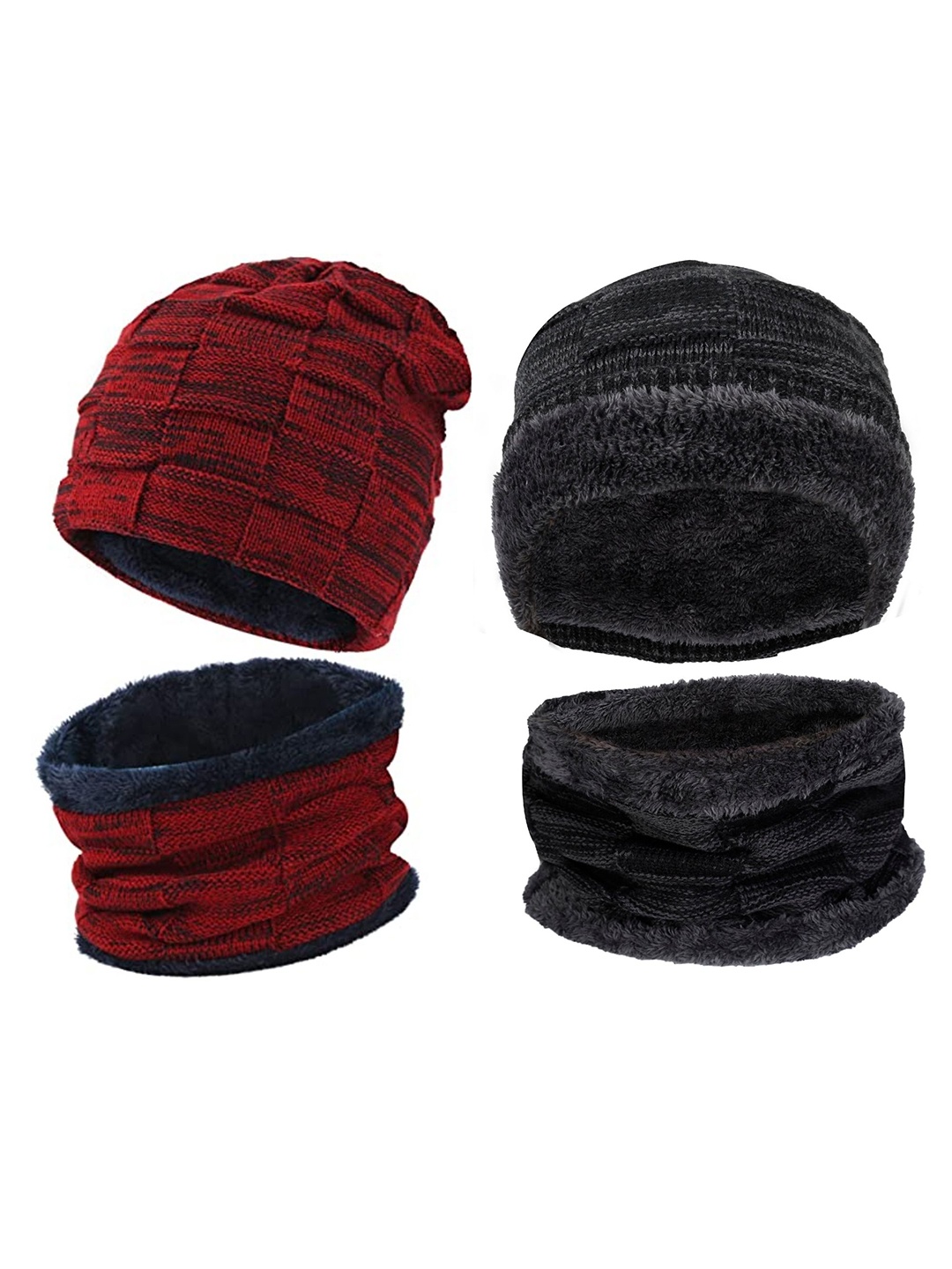 

FabSeasons Pack of 2 Unisex Black & Red Self Design Beanie & Muffler with faux fur Lining
