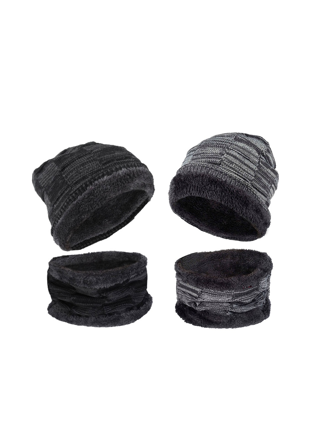 

FabSeasons Pack of 2 Unisex Black & Grey Beanie & Muffle with Faux Fur Lining