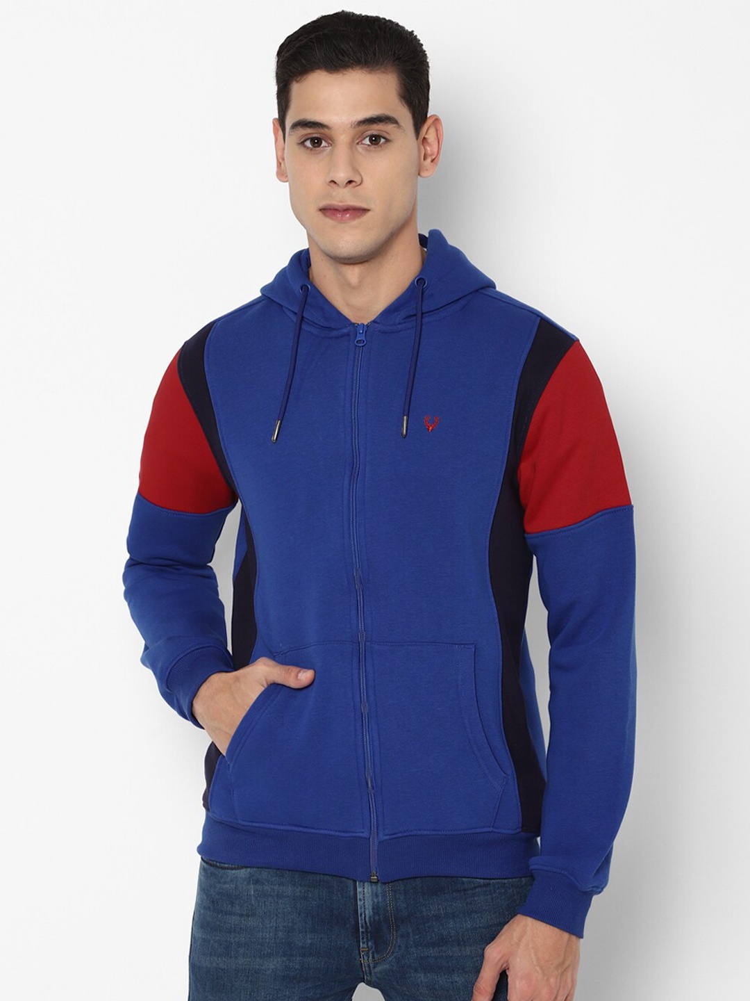 

Allen Solly Men Blue & Red Colourblocked Hooded Pure Cotton Sweatshirt