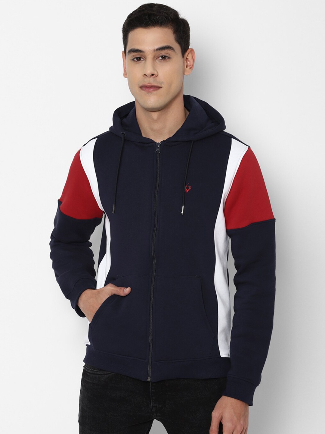 

Allen Solly Men Navy Blue Colourblocked Hooded Sweatshirt