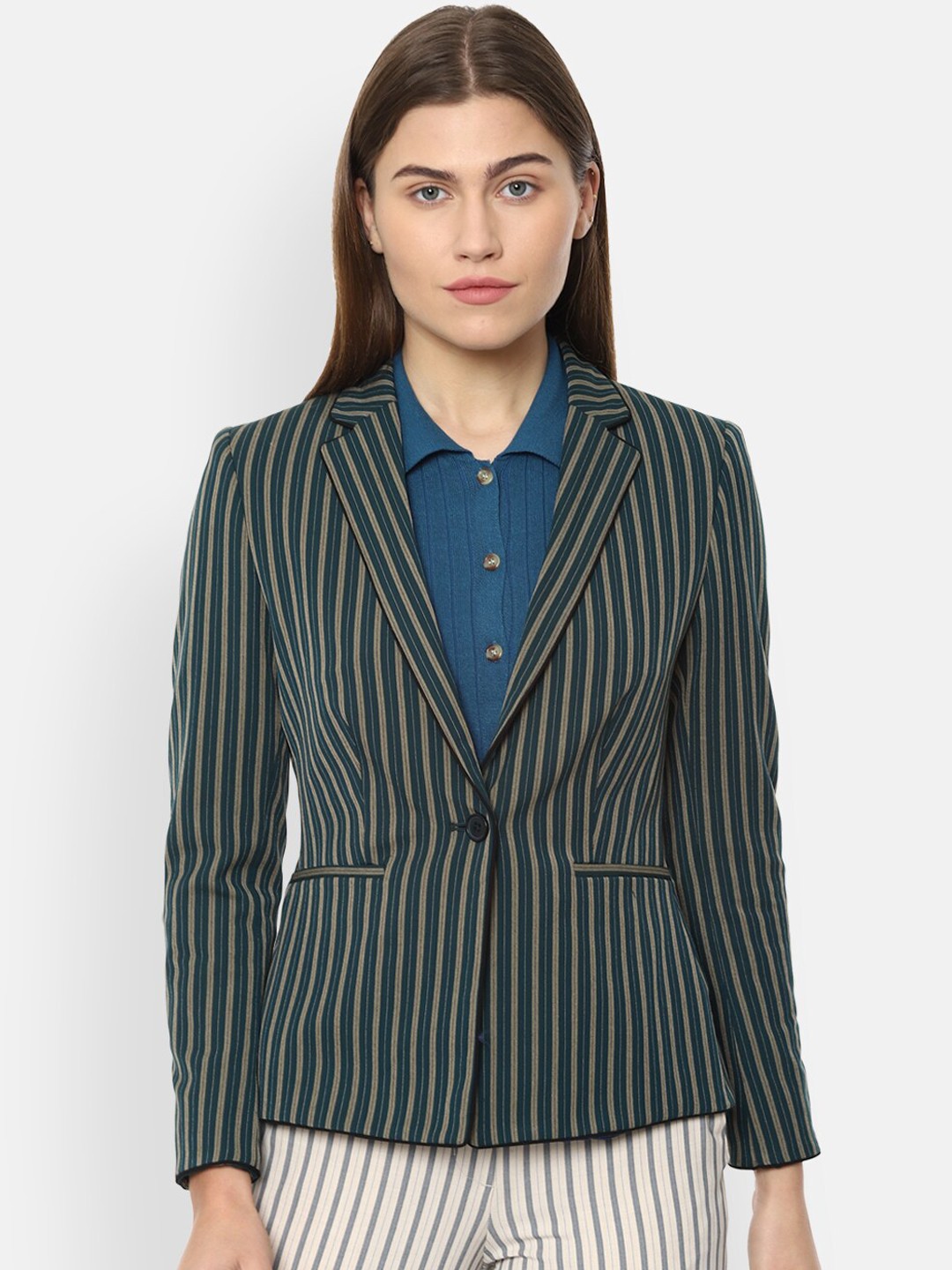 

Van Heusen Woman Women Green & Beige Striped Single-Breasted Casual Blazer