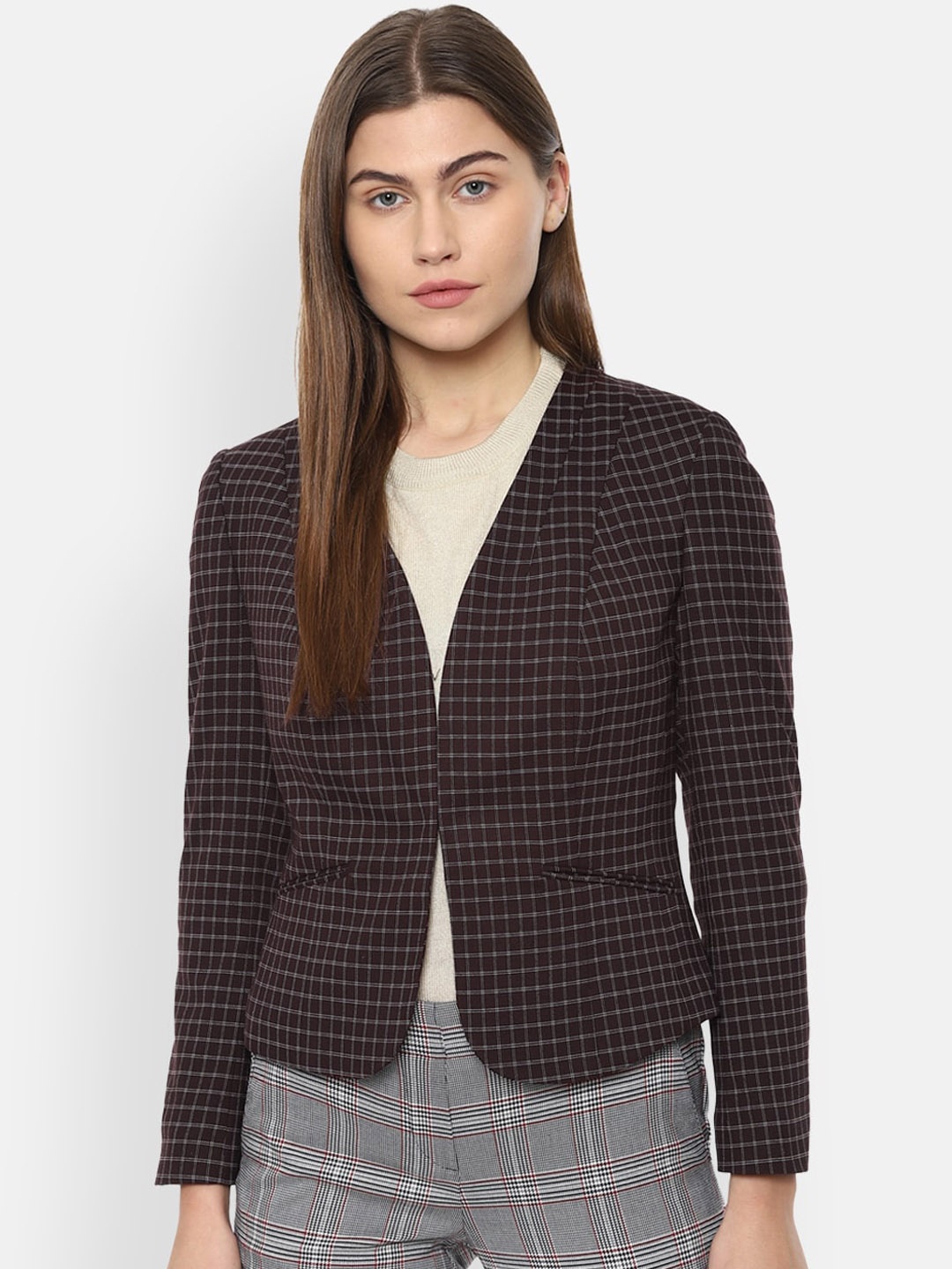 

Van Heusen Woman Women Brown & White Checked Single-Breasted Casual Blazer